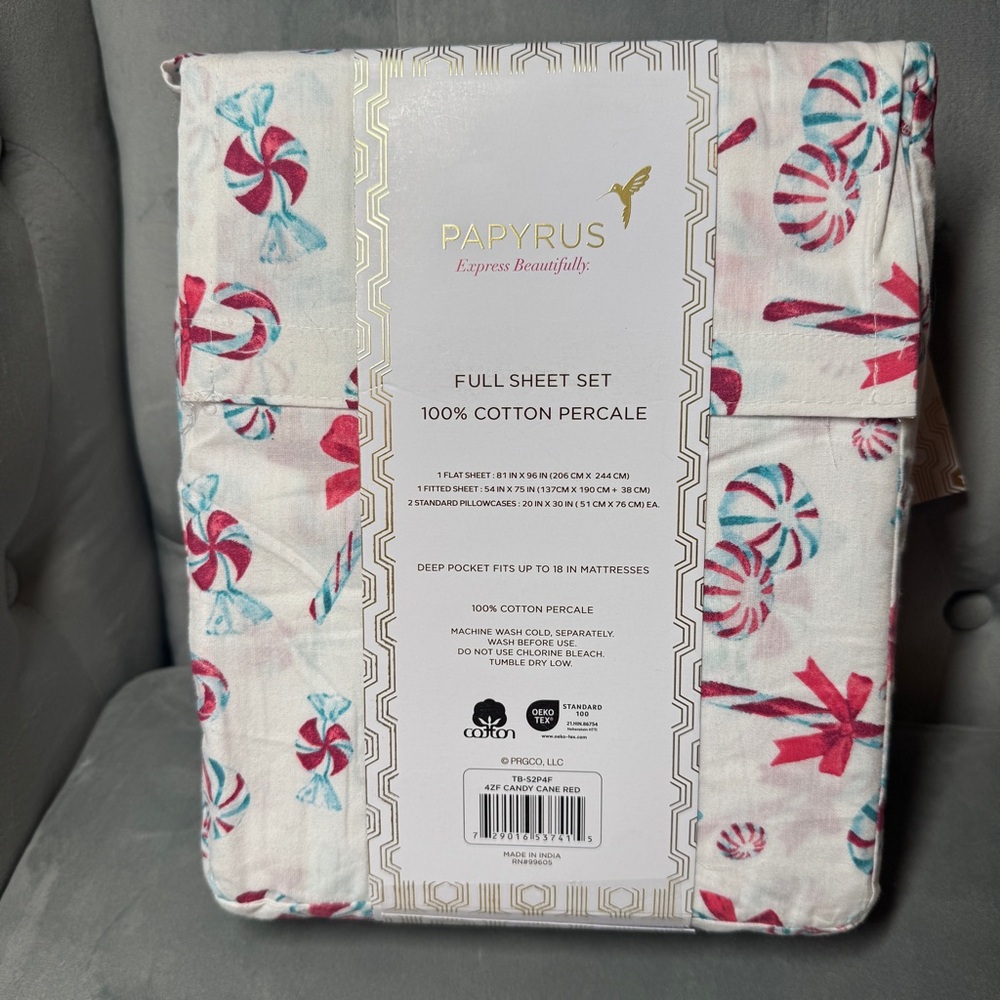 Papyrus Christmas Candy Cane Sheets peppermint Christmas‎ NWT Full set percale